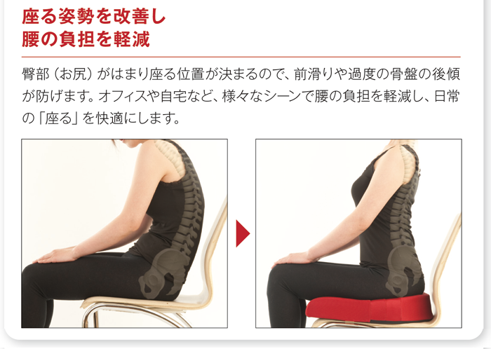 「座る姿勢を改善し腰の負担を軽減」臀部(お尻)がはまり座る位置が決まるので、前滑りや過度の骨盤の後傾が防ぎます。オフィスや自宅など、様々なシーンで腰の負担を軽減し、日常の「座る」を快適にします。