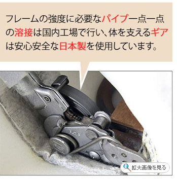 フレームの強度に必要なパイプ一点一点の溶接は国内工場で行い、体を支えるギアは安心安全な日本製を使用しています。