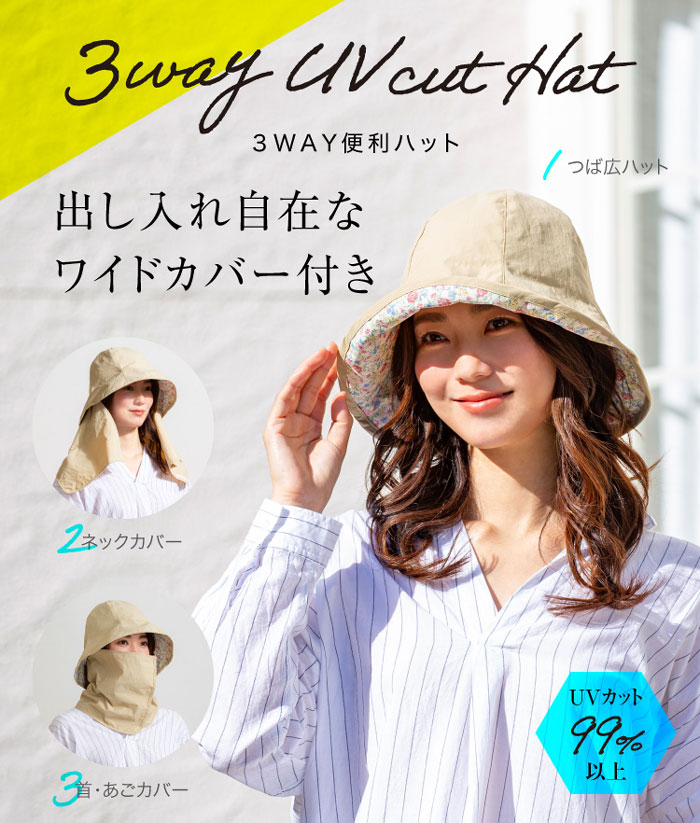 3way uv cut Hat  3WAT便利なハット 出し入れ自在なワイドカバー付き UVカット 99%以上