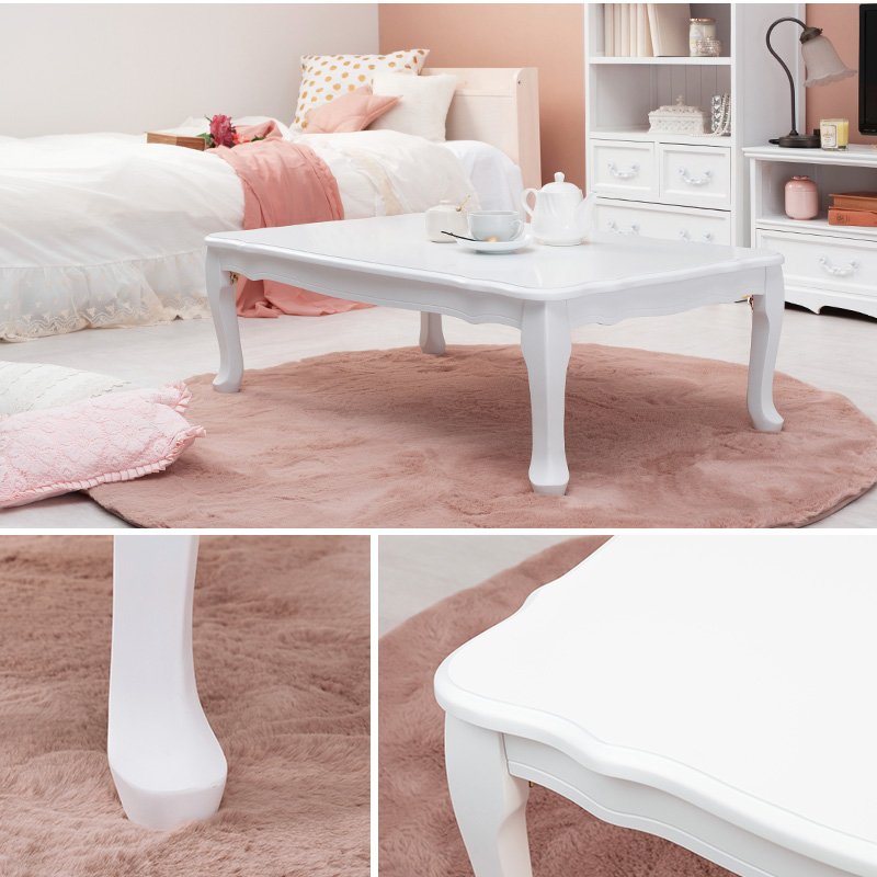 折れ脚テーブル フェミニン 幅80 猫脚 ホワイト家具 クラシカル 天然木 