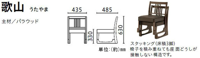 高座椅子　歌山　うたやま(床積3脚)　主材/パラウッド　椅子を積み重ねても座面どうしが接触しない構造です。