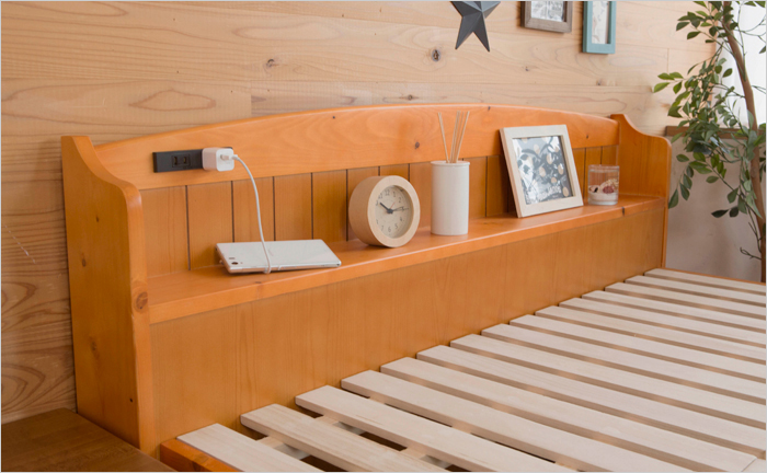 高さ3段階調整 コンセント・棚付き 天然木パイン材すのこベッド